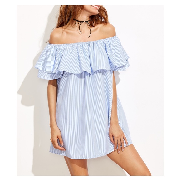 MBM Unlimited Dresses & Skirts - Blue Striped Off the Shoulder Flounce Shift Dress